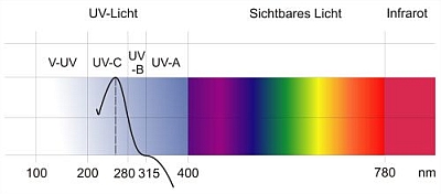Farbschema und Wellenlängen für UV-Licht, sichtbares Licht und Infrarot